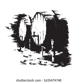 wine barrels - vector black and white illustration of two wooden barrels in a wine cellar