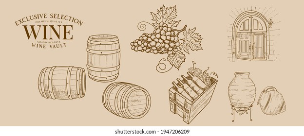 Wine barrels and vessels, wine bottles, grape brush, wine cellar in retro style.
