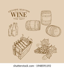 Wine barrels and vessels, wine bottles, grape brush, wine cellar in retro style.