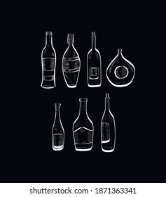 wine, bear alcohol bottle vector chalk design elements isolated on dark background. Concept for menu, cards 