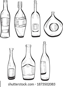 vino, alcohol de oso, elementos de diseño de tiza vectorial de botella aislados en el fondo oscuro. Concepto de menú, cartas 
