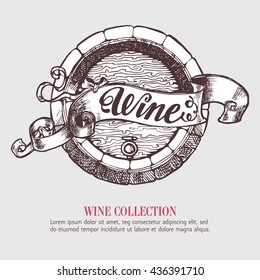 Wine or beer barrel with ribbon, banner. Vector Illustration. Handdrawn sketch template design.