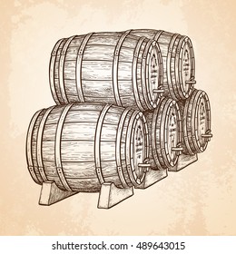 Barriles de vino o cerveza. Ilustración vectorial dibujada a mano sobre fondo de papel antiguo. Estilo retro.