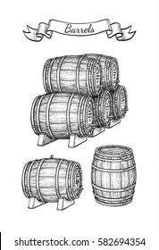 Wine or beer barrels set isolated on white background. Vector illustration.