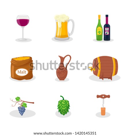 Wine and beer flat illustration set. Grape, glass, bottles cartoon drawing. Vineyard, winery, brewery isolated item. Wine making. Tasting, drinking design elements. Alcohol stickers. Corkscrew, barrel