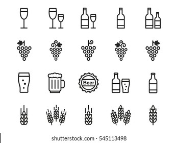 Wine and beer icons set - glass, bottle, grape, wheat.