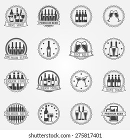 Wine and beer labels collection - vector set of black alcohol badges or icons