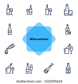 Wine and beer line icon set. Set of line icons on white background. Alcohol concept. Bottle, glass, wine, beer. Vector illustration can be used for topics like bar, alcohol, restaurant