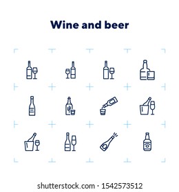 Wine and beer line icon set. Set of line icons on white background. Alcohol concept. Bottle, glass, wine, beer. Vector illustration can be used for topics like bar, alcohol, restaurant