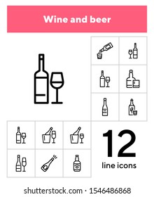 Wine and beer line icon set. Set of line icons on white background. Alcohol concept. Bottle, glass, wine, beer. Vector illustration can be used for topics like bar, alcohol, restaurant