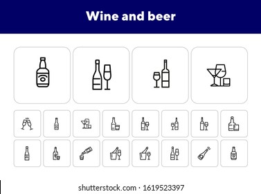 Wine and beer line icon set. Set of line icons on white background. Alcohol concept. Bottle, glass, wine, beer. Vector illustration can be used for topics like bar, alcohol, restaurant