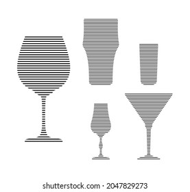 Wine, beer, rum, liquor and martini glass in minimalist linear style. Silhouette of glassware performed in form of black thin lines. Three alcohol objects in a row. Isolated image on white backdrop.