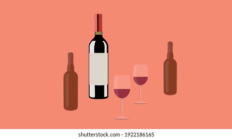 Wine and Beer. Vector isolated Illustration of a bottle of wine, two cups of wine and two bottles of beer