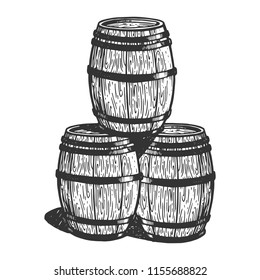 Wine beer wooden barrels engraving vector illustration. Scratch board style imitation. Black and white hand drawn image.