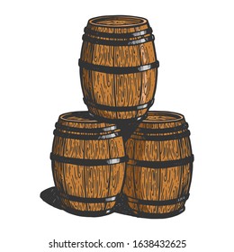 Wine beer wooden barrels sketch engraving vector illustration. T-shirt apparel print design. Scratch board imitation. Black and white hand drawn image.