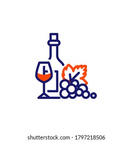 Wine beverage line icon. linear style sign for mobile concept and web design. Wine bottle with glass and grapes outline vector icon. Symbol, logo illustration. Vector graphics