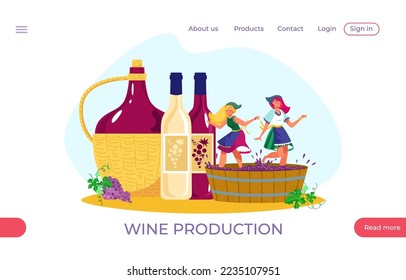 Wine beverage production web application website banner, template landing webpage mobile app flat vector illustration, champagne company.
