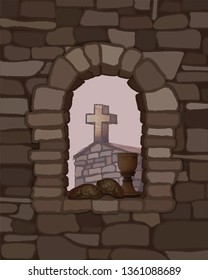 Wine and black bread on an arched stone window, ancient medieval church and cross. vector illustration
