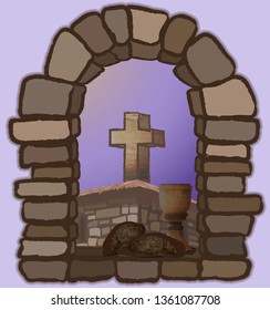 Wine and black bread on an old stone window, overlooking the medieval church and the cross. vector illustration