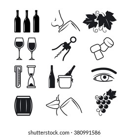 Wine black icons on white background set. The process of wine making and sommelier work. Vector illustration