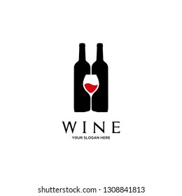 Wine botlle and glass logo design icon