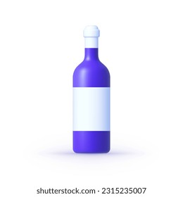 Wine bottle 3d icon isolated on white background. Wine bottle mockup with label. Vector illustration