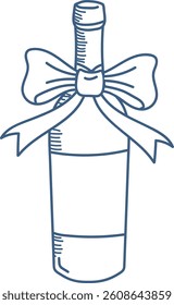 A wine bottle adorned with a large, elegant bow in a minimalist line art style. The simple outline emphasizes the bottle's shape and decorative ribbon. Cartoon vector illustration.