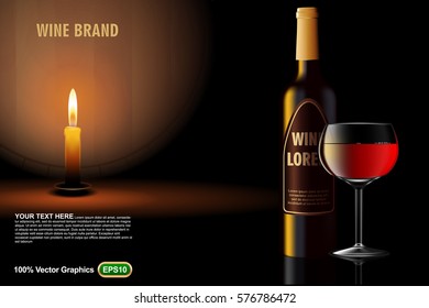 Wine bottle ads template mock up, with glass candle and barrel on dark background, template good for posters or magazine in 3d illustration