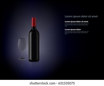 Wine bottle ads template mock up. Glass and bottle of red wine on a dark red background for your advertising design. Wine ads, good for poster or magazine mock up. Bottle wine and a transparent glass
