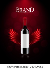 Wine bottle advertising banner or poster. Realistic wine product with red wings. Brand elegance template vector illustration. Dark bokeh background.