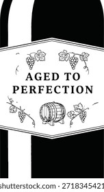 Botella de vino envejecido a la perfección Ilustración vectorial bebida alcohólica tipografía viñedo concepto vintage aislado negro en etiqueta transparente para bodega marca y degustación evento