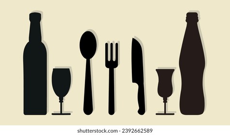 Wine bottle alcohol with wine glass symbol and cutlery spoon knife vector illustration.