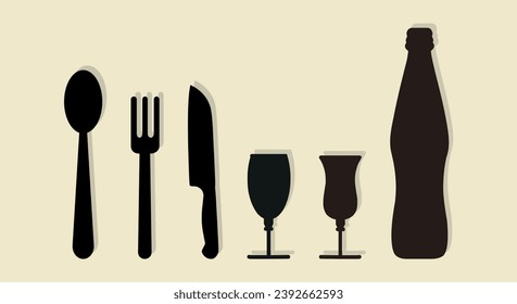 Wine bottle alcohol with wine glass symbol and cutlery spoon knife vector illustration.