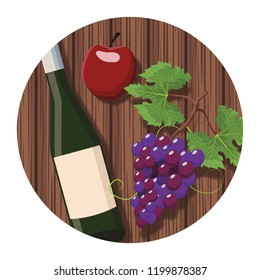 Wine bottle and apple with grapes