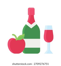 Garrafa De Vinho Com Maçãs E Ilustração De Vetor De Vidro, Ícone De Estilo Plano