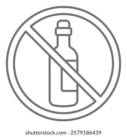 Wine bottle ban thin line icon, prohibited elements concept. Vector graphics. Wine, whisky alcohol drinking forbidden sign on white background, outline style icon for mobile or web design