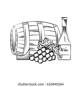 wine bottle, barrel and bunch of grapes. wine house related icons over white background. vector illustration