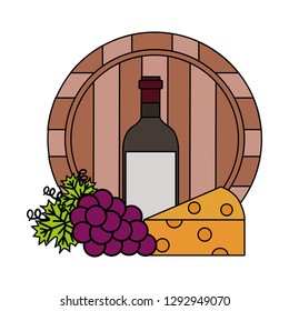 wine bottle barrel cheese and fresh grapes vector illustration