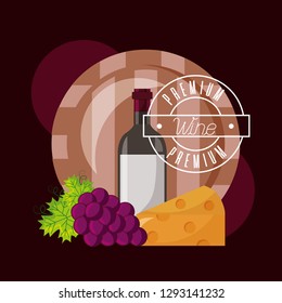 wine bottle barrel cheese and fresh grapes