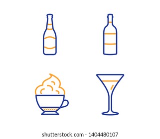 Wine bottle, Beer bottle and Cappuccino cream icons simple set. Martini glass sign. Cabernet sauvignon, Brewery, Coffee with whipped cream. Wine. Food and drink set. Linear wine bottle icon. Vector