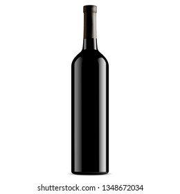 Wine Bottle Black Glass. Vector Mockup. Unlabeled Design Vertical Shape. French Brand Merlo Alcohol. Winery Beverage Realistic 3d Jar. Drunk Liquid. Riesling, Bordeaux, Vintage Burgundy.