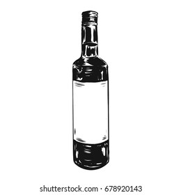 Wine Bottle in black and white. Hand drawing vector design.