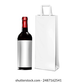 Wine bottle with blank label and white paper gift bag. Realistic 3d vector mockup. Template for design