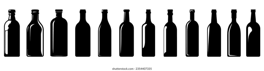 Wine bottle. Bottles silhouettes. Bottle icons set. Collection of wine bottle shapes. Vector illustration.