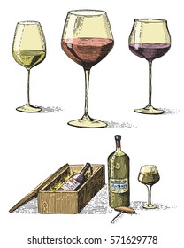 Wine bottle in box with corkscrew and tree goblets or glasses hand drawn engraved old looking vintage illustration.
