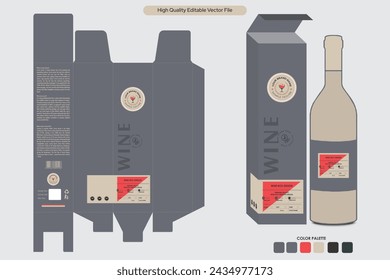 Diseño de caja de botella de vino, diseño de embalaje de caja de regalo de botella de vino rojo premium con ilustración de maqueta 3d plantilla de vector editable descargar