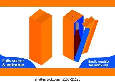 Wine Bottle box die cut template and 3D packaging box