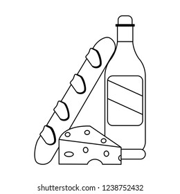 Wine bottle and bread with cheese in black and white
