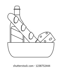 Wine bottle and bread with cheese in black and white
