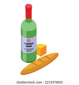 Wine bottle bread icon isometric vector. Cheese alcohol. Glass food